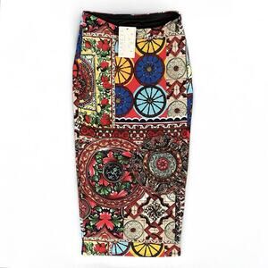 L'ABEYE NWT Mediterranean Midi Pencil Skirt Sz S Red Colorful Tuscan Mosaic Tile